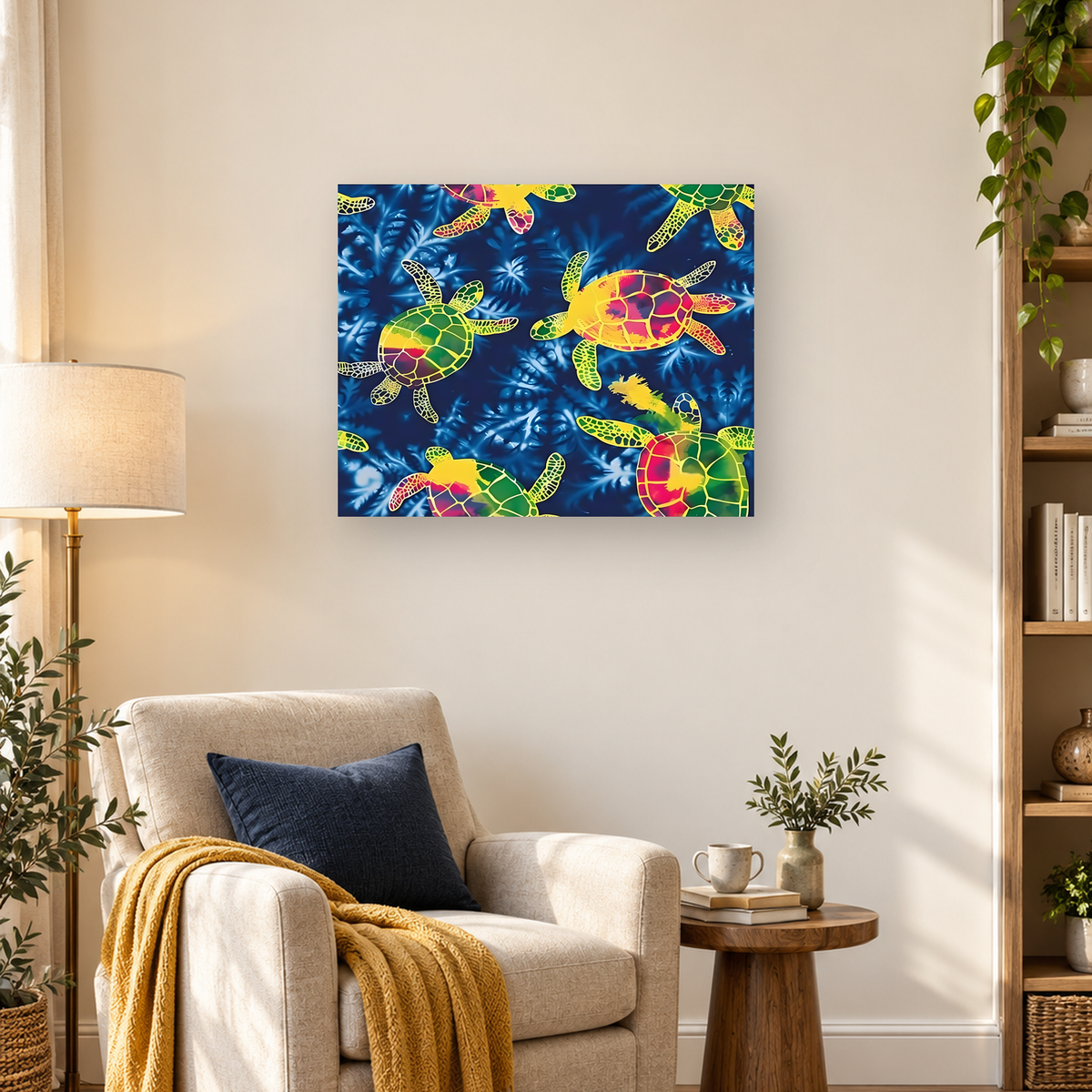 Colorful patterned sea turtles glide through deep blue water with blurred aquatic foliage. — 03_lifestyle_hero