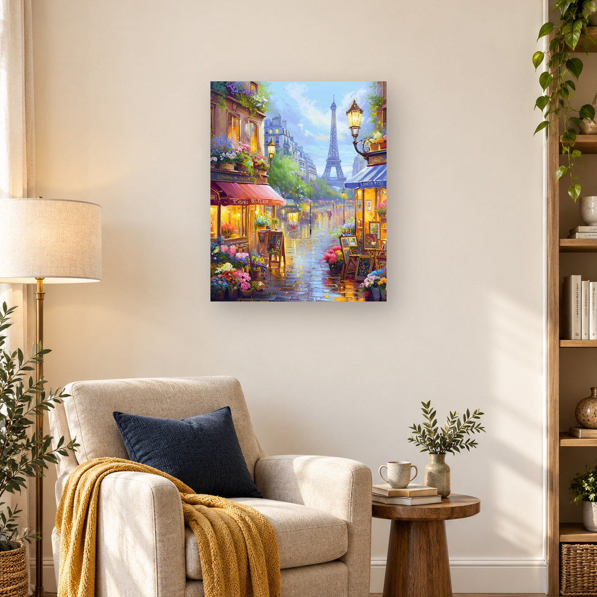 Painterly rainy Paris street with flower shops, glowing lamps, reflective pavement, and the Eiffel Tower. — 03_lifestyle_hero