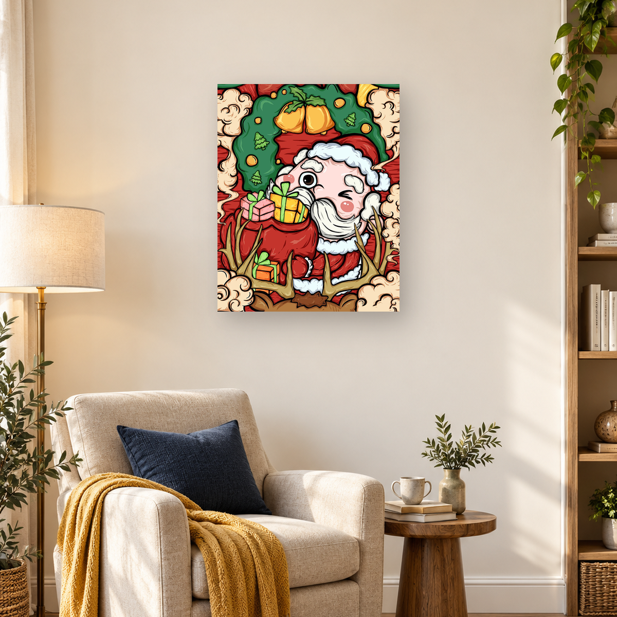 Winking Santa-like figure holding colorful gifts with antlers, bells, and evergreen foliage — 03_lifestyle_hero