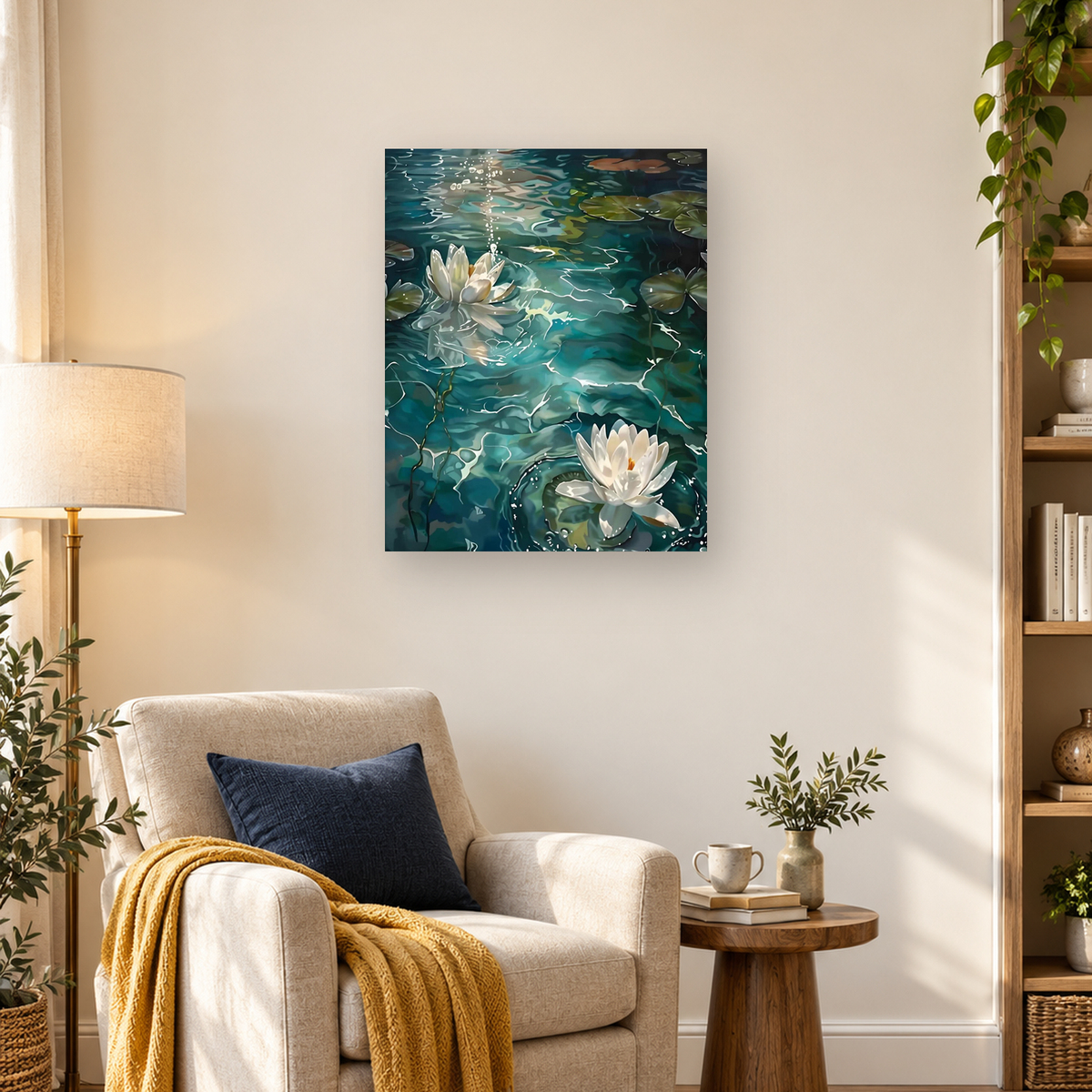 Two white water lilies and green lily pads float on rippling dark teal pond water. — 03_lifestyle_hero