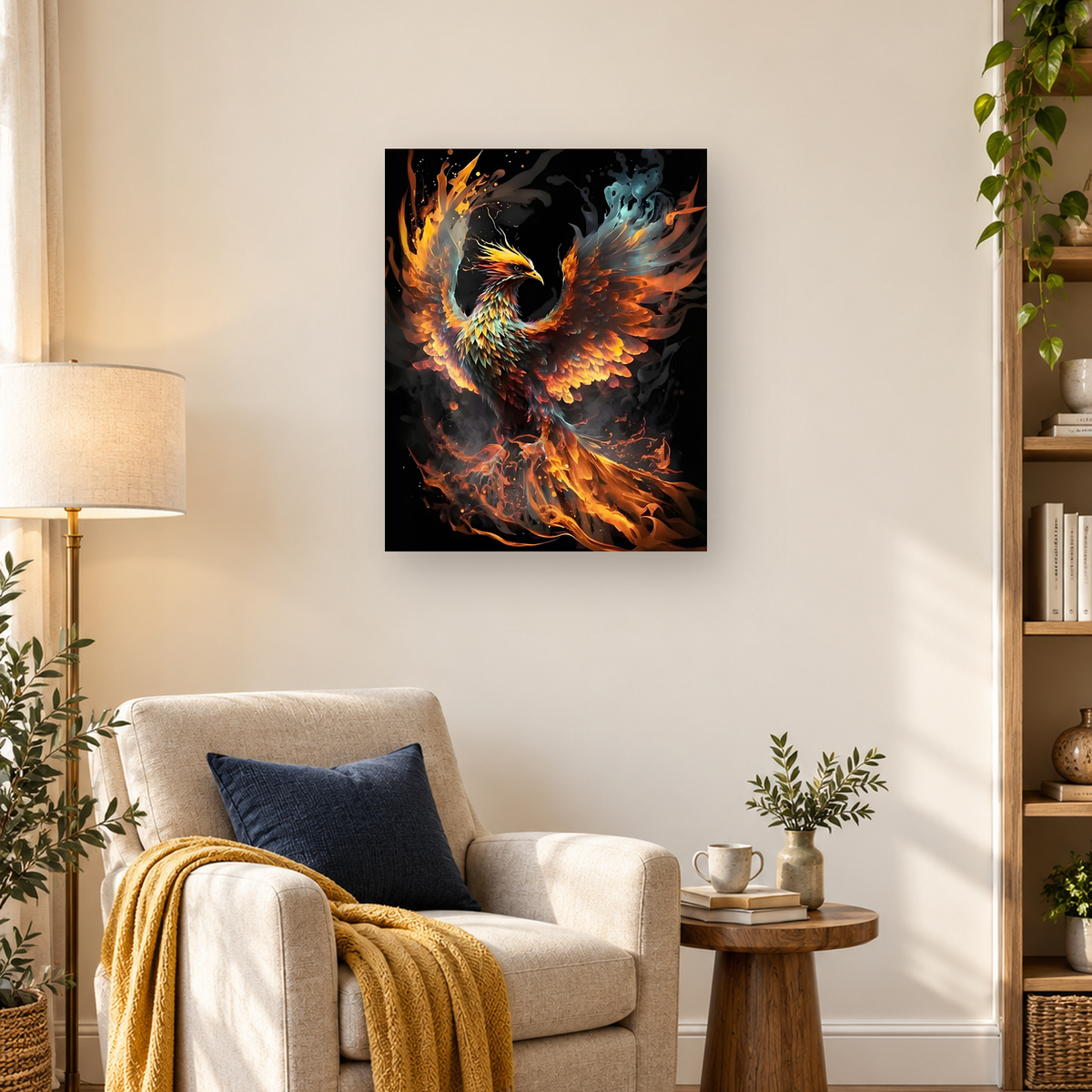 Fiery phoenix with multicolored wings, flames, smoke, and glowing embers against a black background — 03_lifestyle_hero