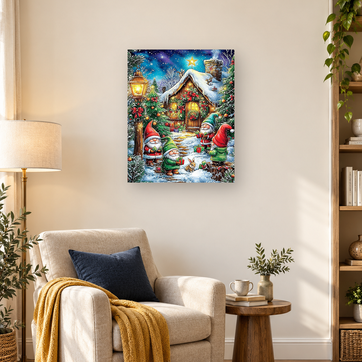 MalaMind Gallery V3 | 03 Lifestyle Hero | CH-260922-005 | Christmas gnomes with presents outside a glowing snowy cabin among decorated evergreen trees