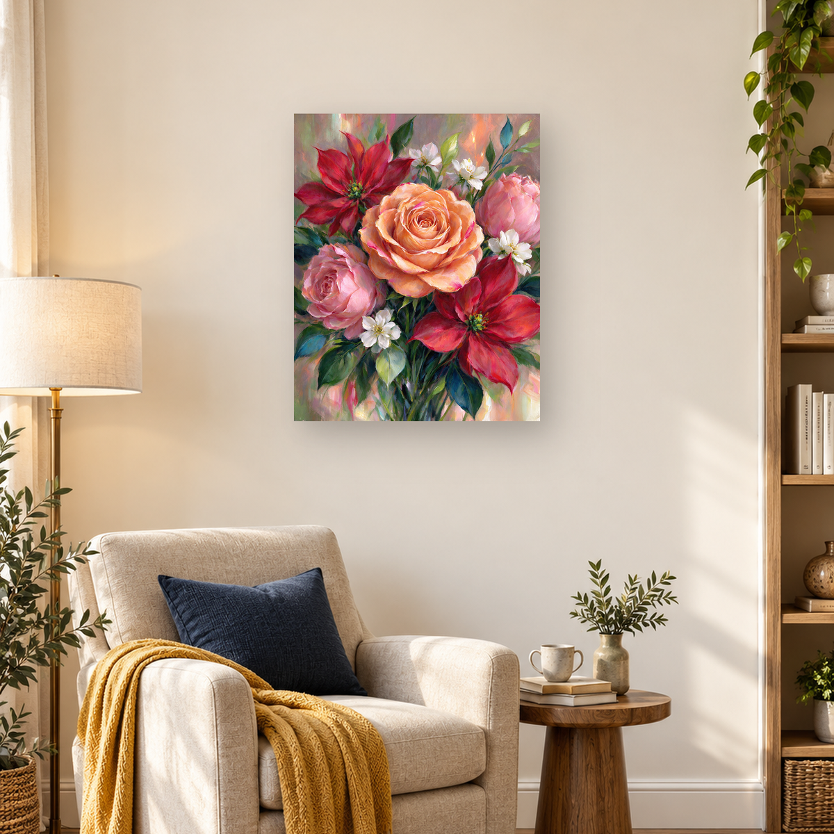 Painterly bouquet with a central peach rose, pink roses, red flowers, white blossoms, and green foliage — 03_lifestyle_hero