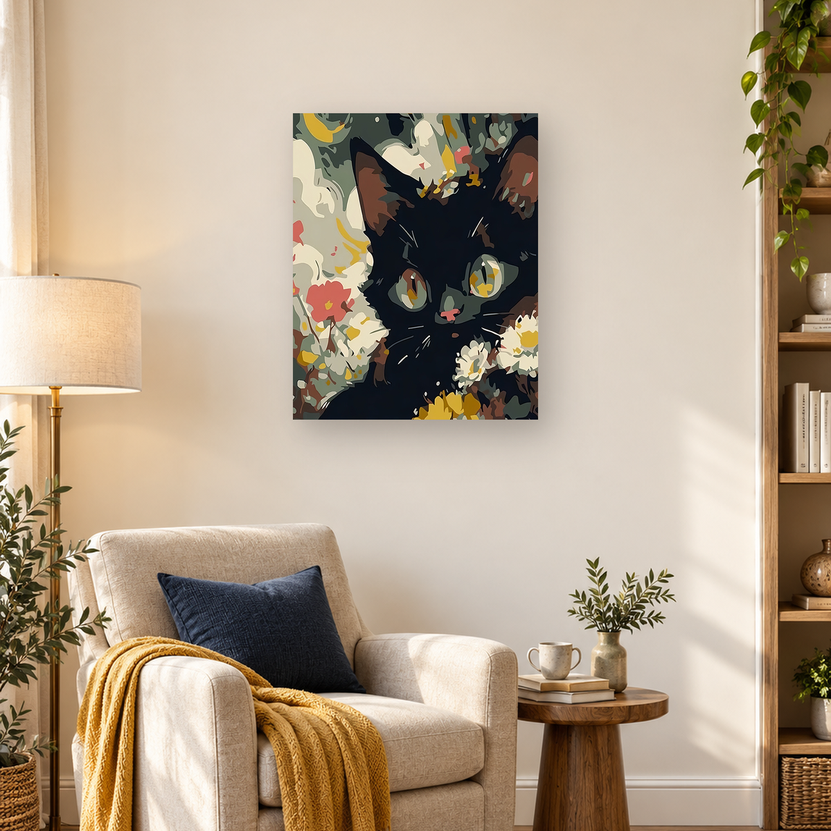 Stylized black cat with large eyes framed by cream, yellow, coral, and green flowers — 03_lifestyle_hero