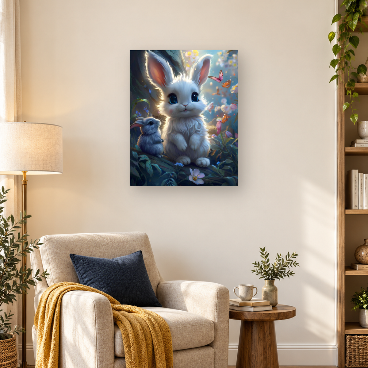 White and blue-gray rabbits surrounded by flowers, leaves, butterflies, and woodland light — 03_lifestyle_hero