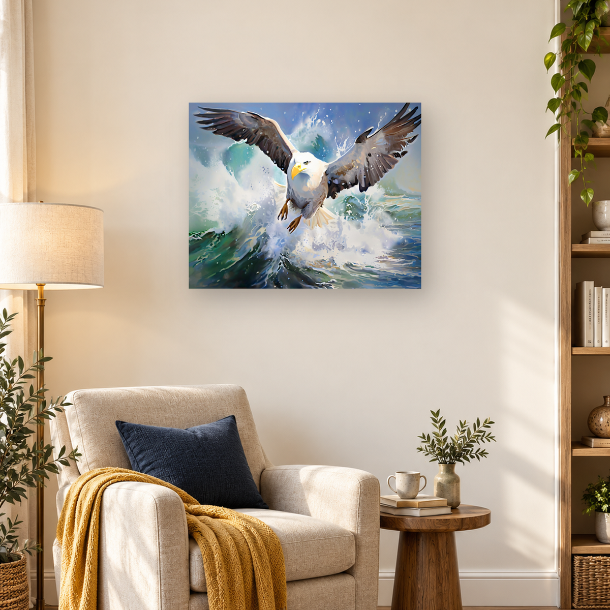 Bald eagle with outstretched wings flying above foaming ocean waves and splashing water — 03_lifestyle_hero