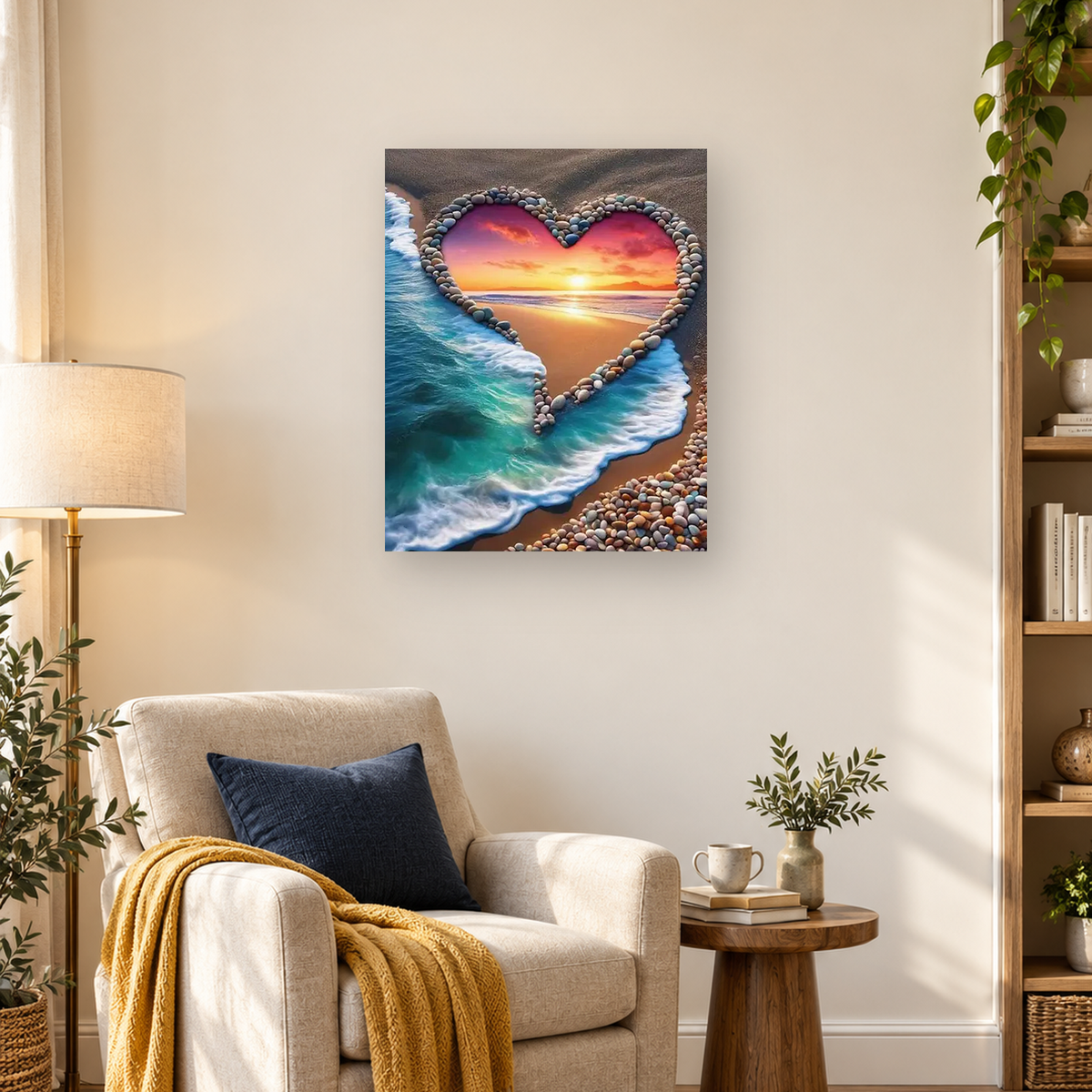 Heart-shaped pebble border framing a sunset beach with turquoise waves and white foam — 03_lifestyle_hero