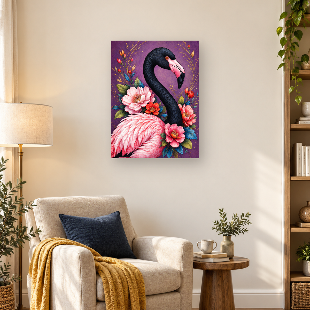 Black-and-pink flamingo surrounded by pink and red flowers on a purple background — 03_lifestyle_hero