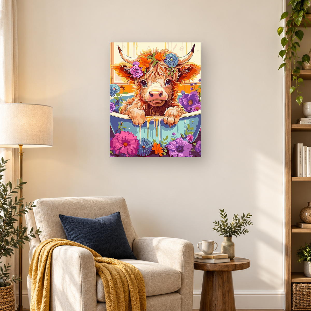 Forward-facing shaggy longhorn cow with flowers around its horns and paws resting on a blue ledge. — 03_lifestyle_hero
