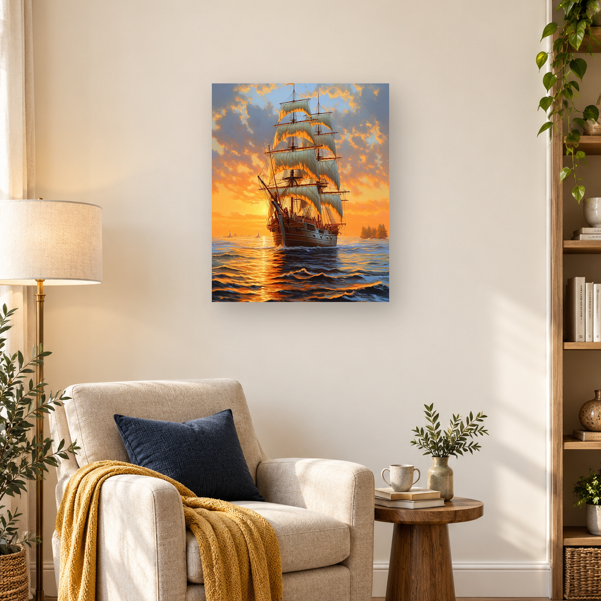 Three-masted sailing ship with glowing sails crossing ocean waves beneath an orange sunset — 03_lifestyle_hero