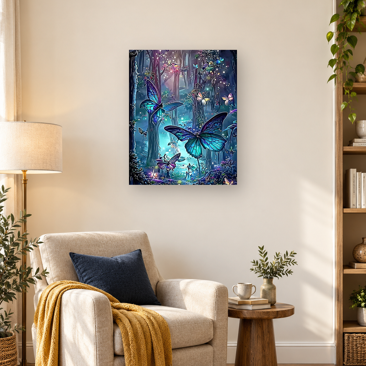 Colorful blue, teal, pink, and purple butterflies among glowing trees and foliage in a fantasy forest — 03_lifestyle_hero