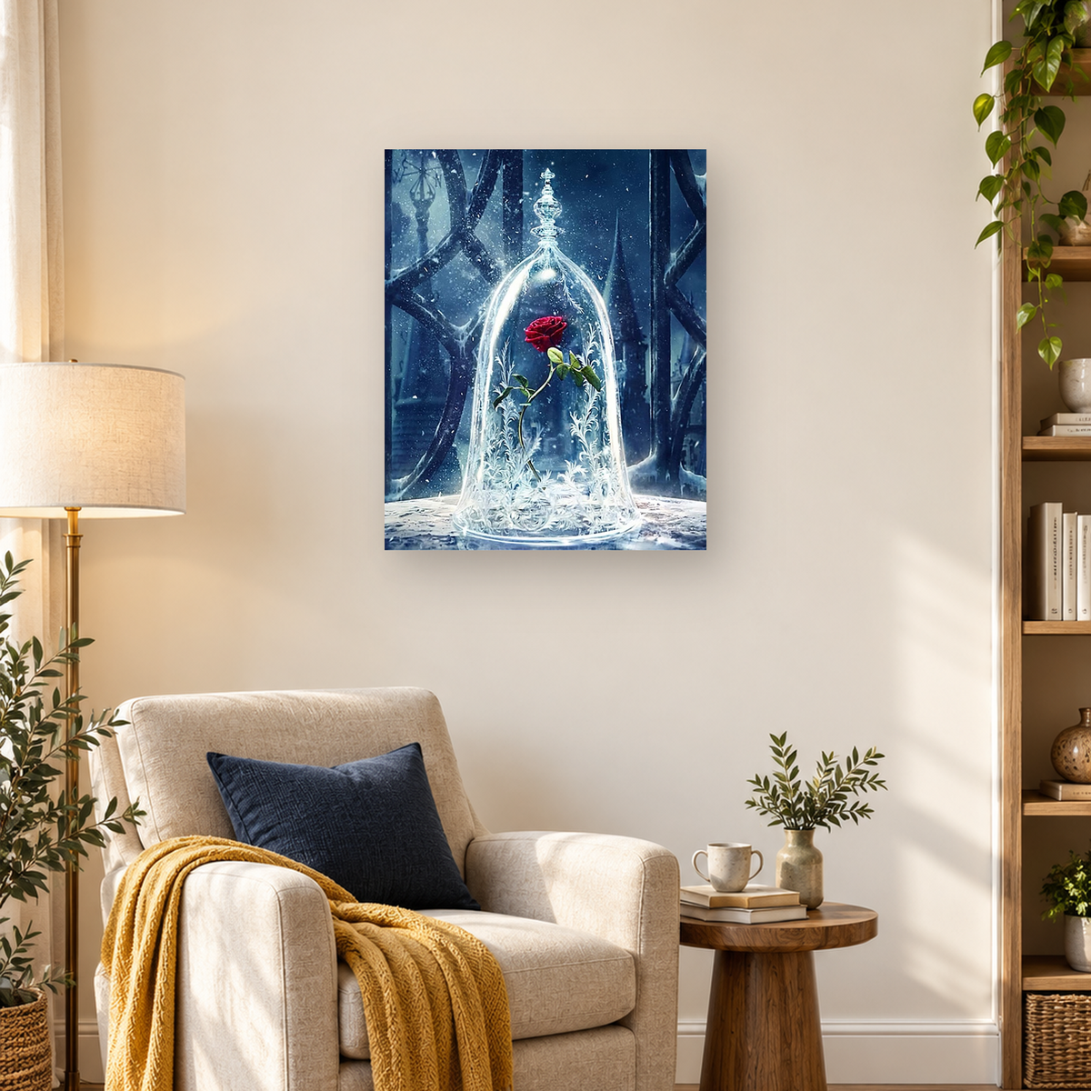 A red rose blooms inside a glass cloche, surrounded by frosted foliage in a snowy blue forest.