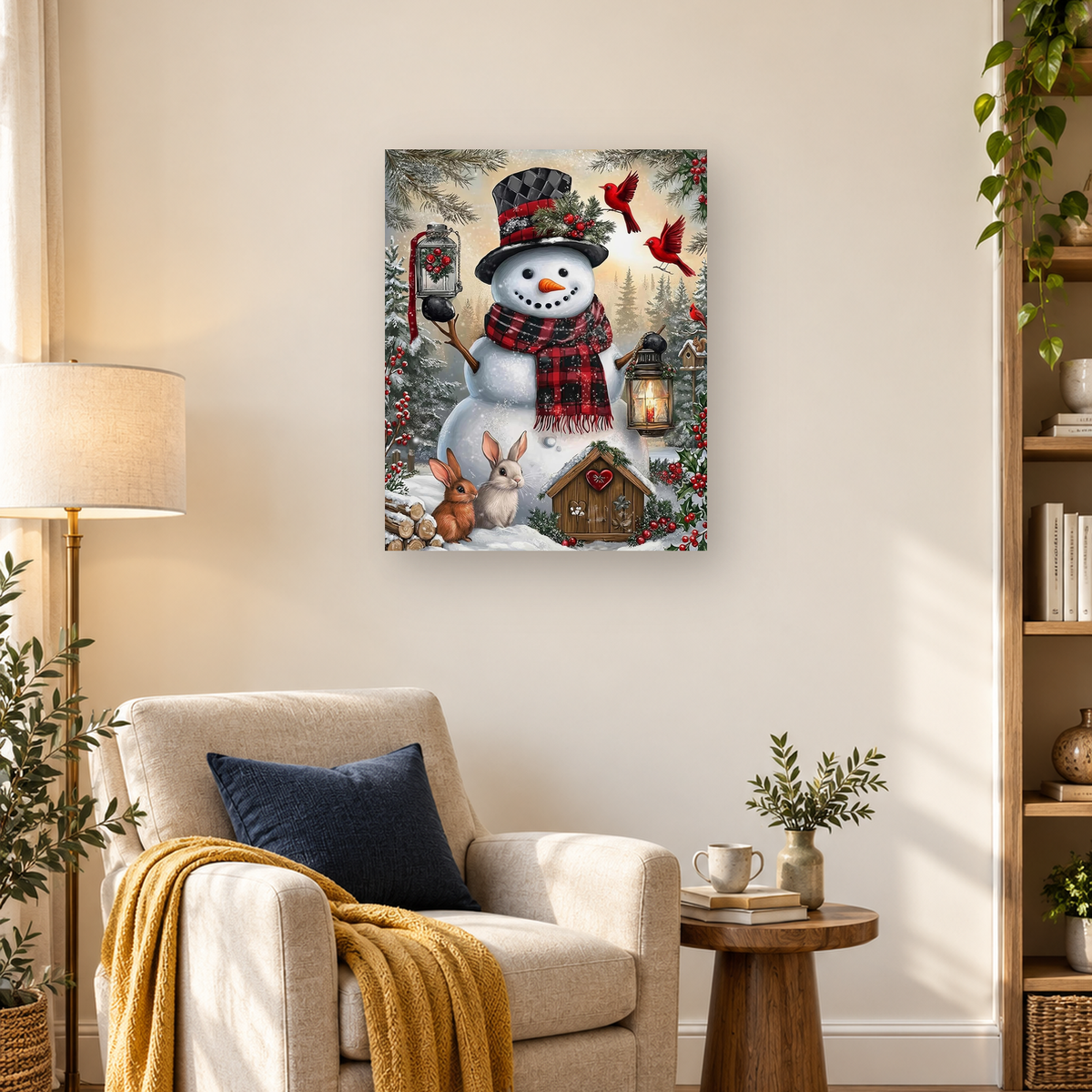 Decorated snowman with cardinals, rabbits, lanterns, holly, and a birdhouse in a snowy evergreen forest