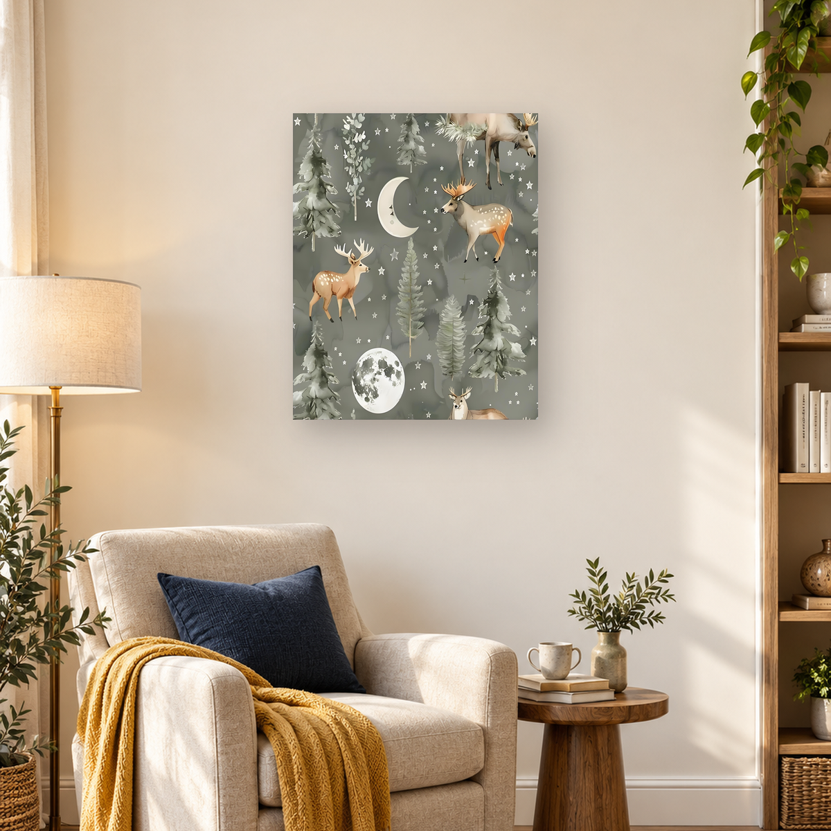 Whimsical moonlit woodland pattern with spotted deer, evergreen trees, crescent and full moons, and stars — 03_lifestyle_hero