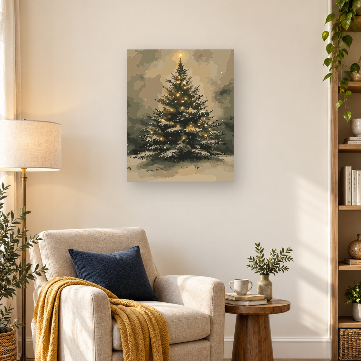 Painterly Christmas tree glowing with golden lights and a star in a snowy woodland