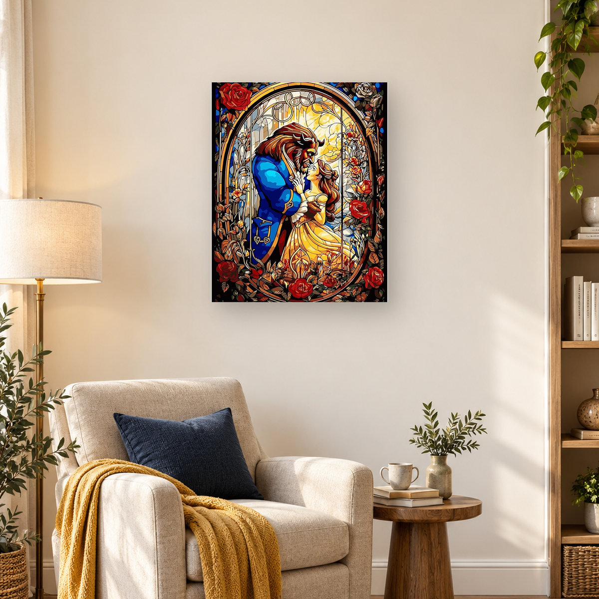 Horned man and woman embracing inside a rose-framed stained-glass window — 03_lifestyle_hero