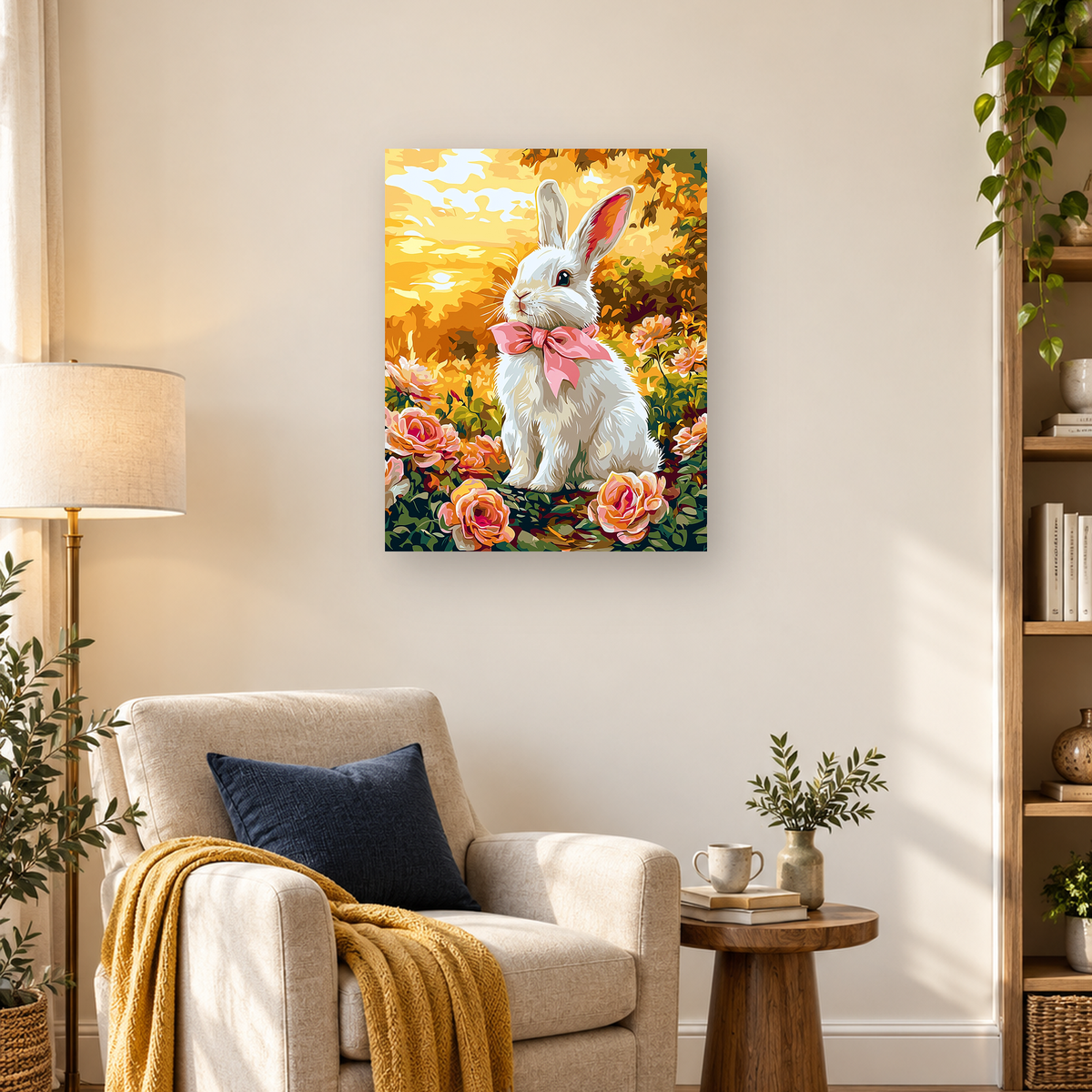 White rabbit with a large pink bow seated among roses and autumn foliage — 03_lifestyle_hero
