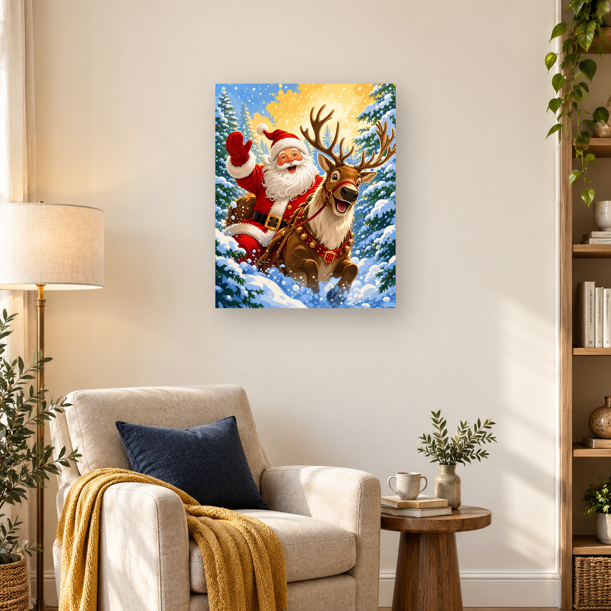MalaMind Gallery V3 | 03 Lifestyle Hero | CH-260929-002 | Santa rides beside a joyful antlered reindeer through a snowy evergreen forest beneath a glowing sky.