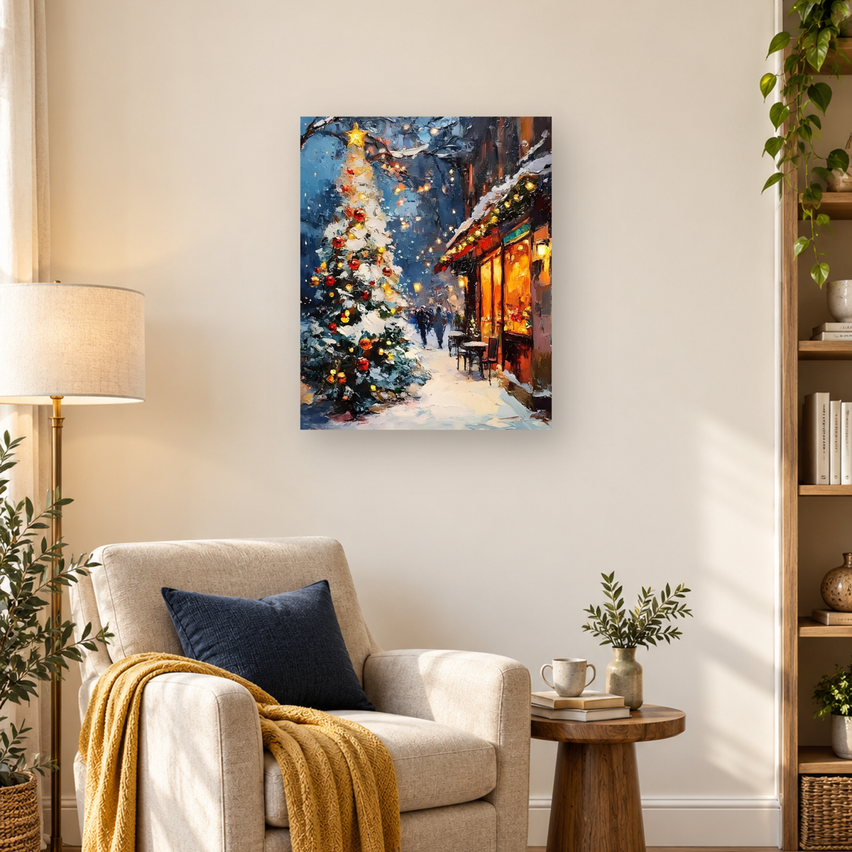 Snow-covered Christmas tree beside a warmly glowing shop on a narrow snowy village street