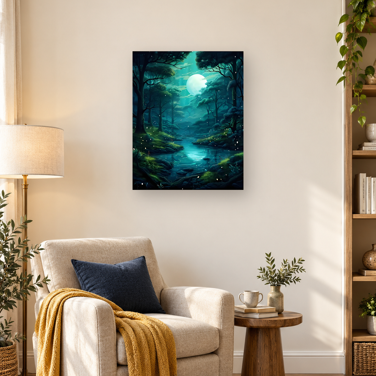 Moonlit forest stream reflecting a glowing full moon between dark trees and mossy rocky banks — 03_lifestyle_hero