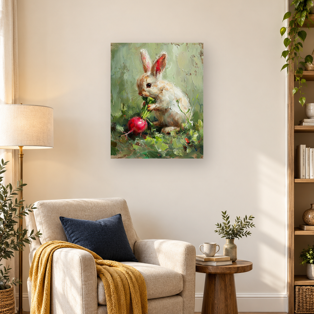 Impressionistic white rabbit eating leafy greens beside a bright red radish in a garden — 03_lifestyle_hero