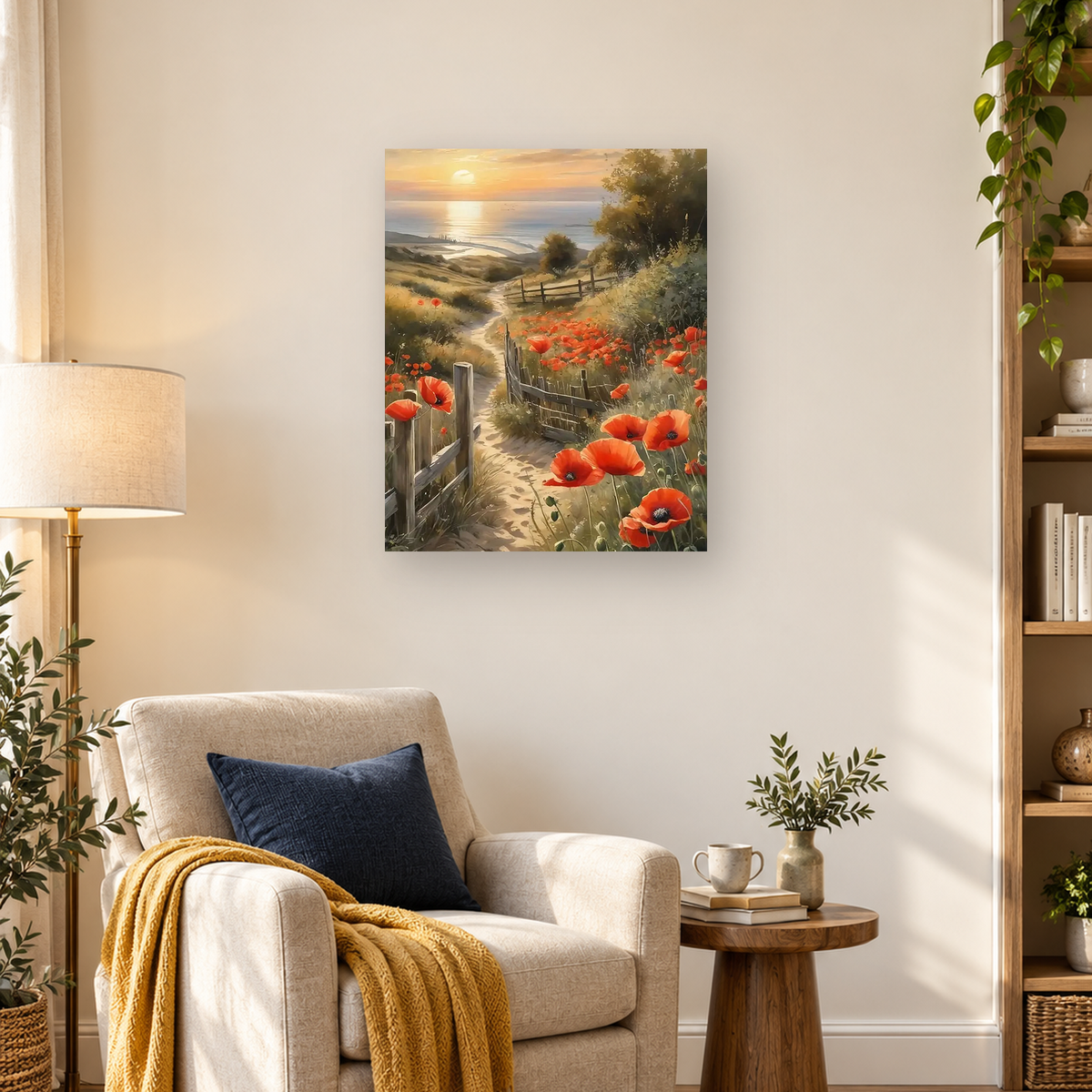 Painterly coastal path through red poppies and dunes leading to the ocean at sunset — 03_lifestyle_hero