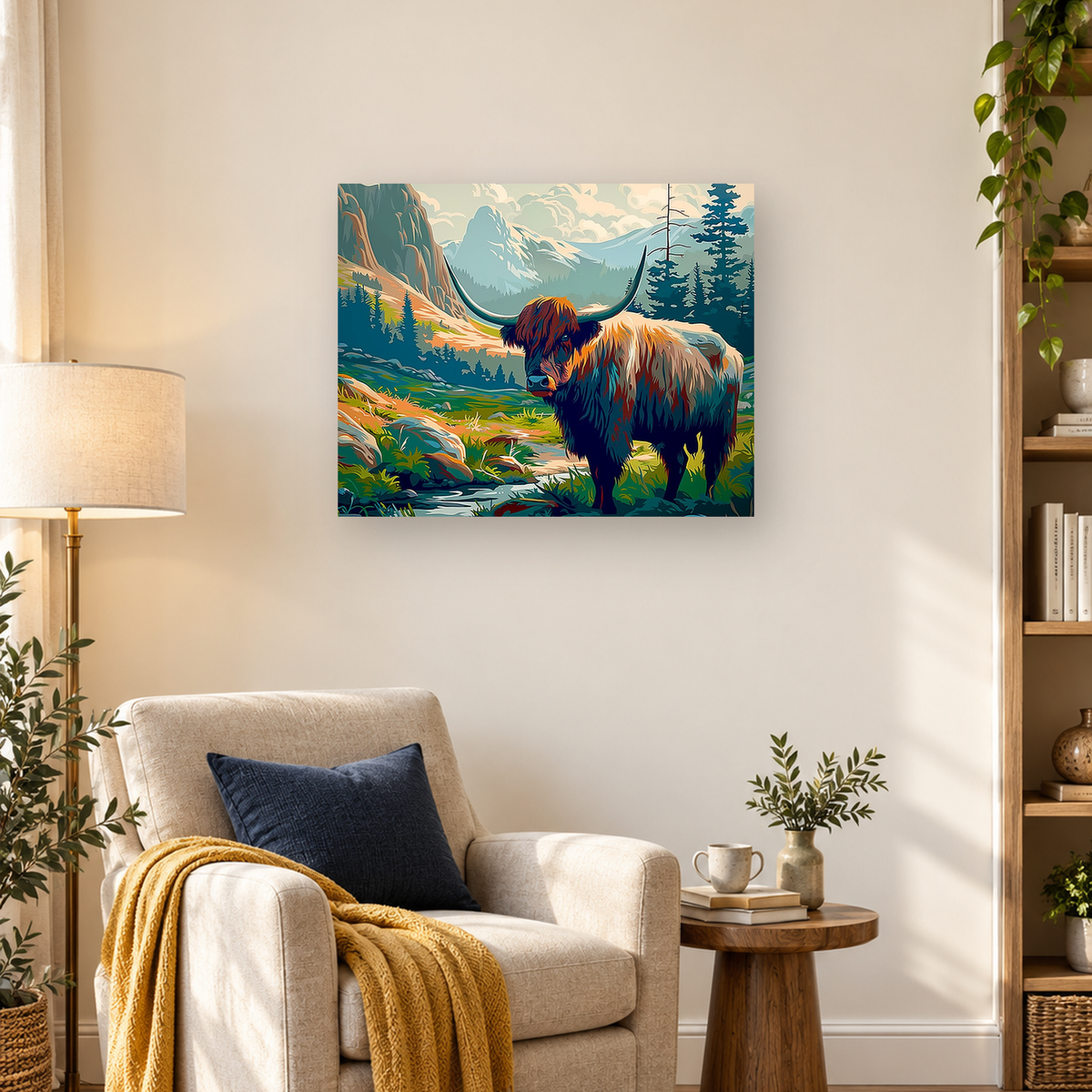 Shaggy Highland cow with long horns beside a stream in a stylized alpine mountain valley — 03_lifestyle_hero