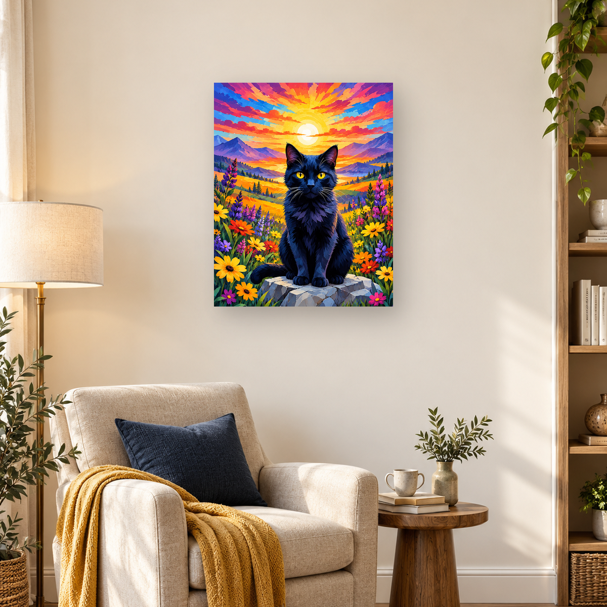 Black cat with yellow eyes seated among colorful flowers before mountains and a glowing sunset. — 03_lifestyle_hero