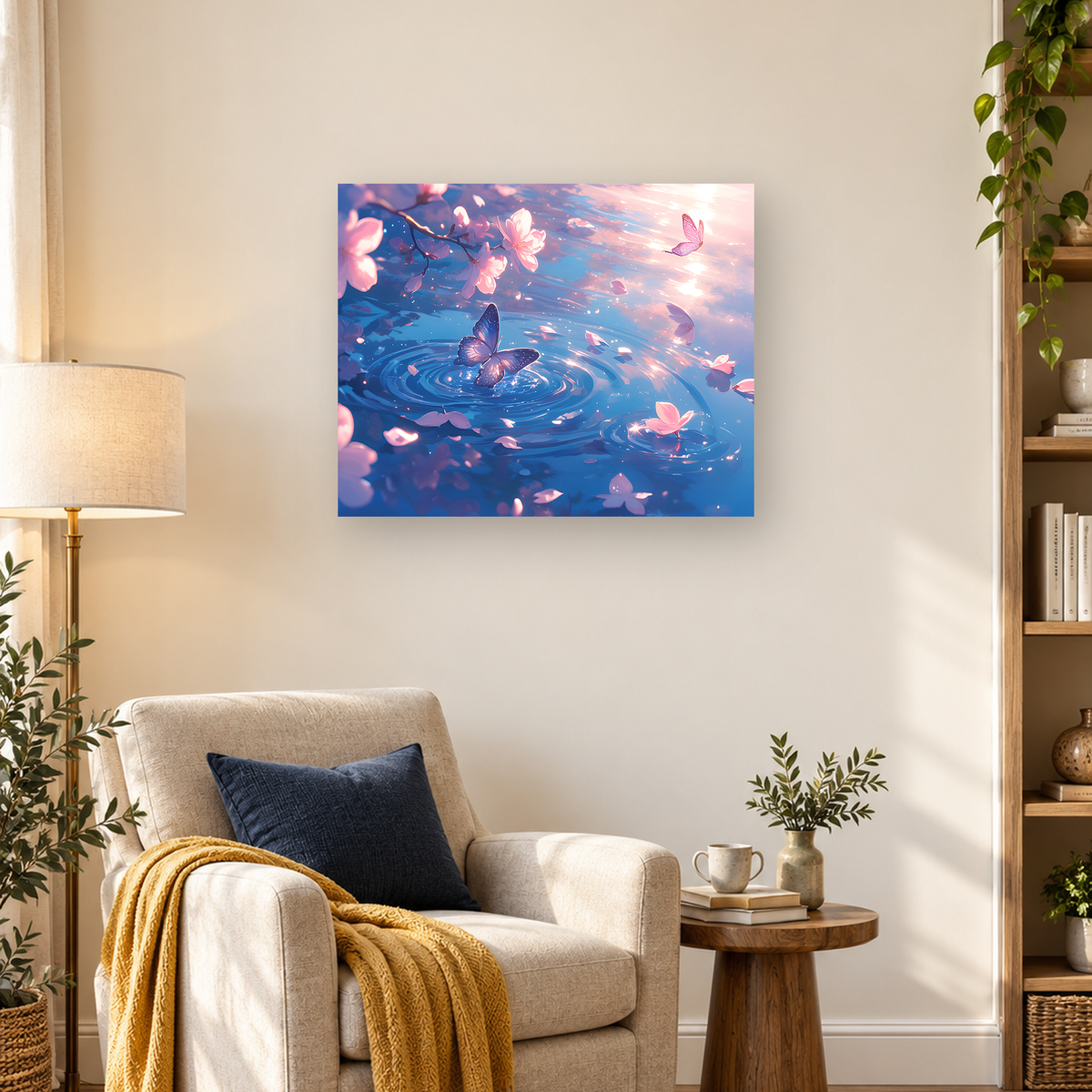 Butterflies and pink blossoms hover over rippling blue water with floating petals and bright reflections. — 03_lifestyle_hero
