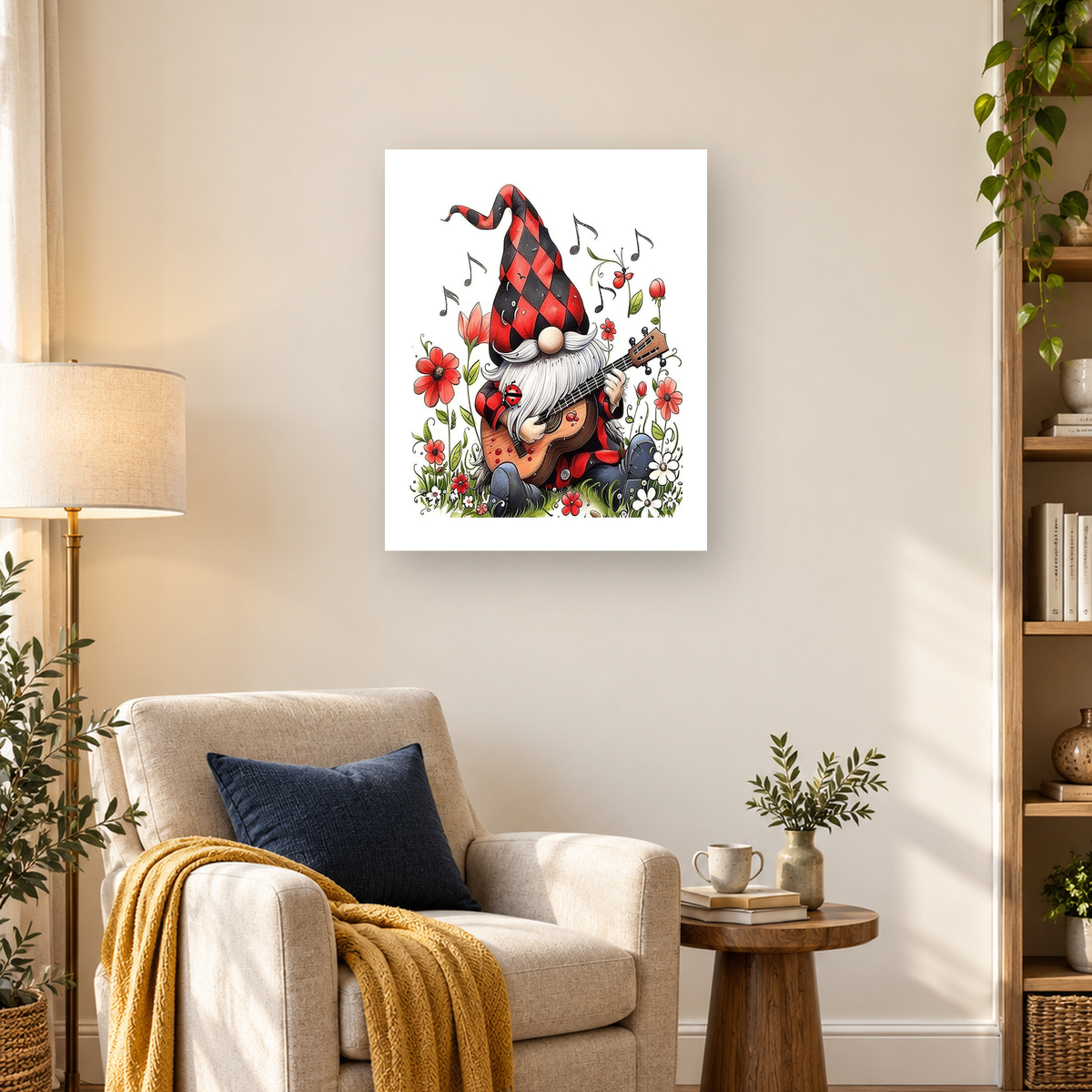 Bearded garden gnome playing guitar among colorful flowers, musical notes, a butterfly, and ladybug
