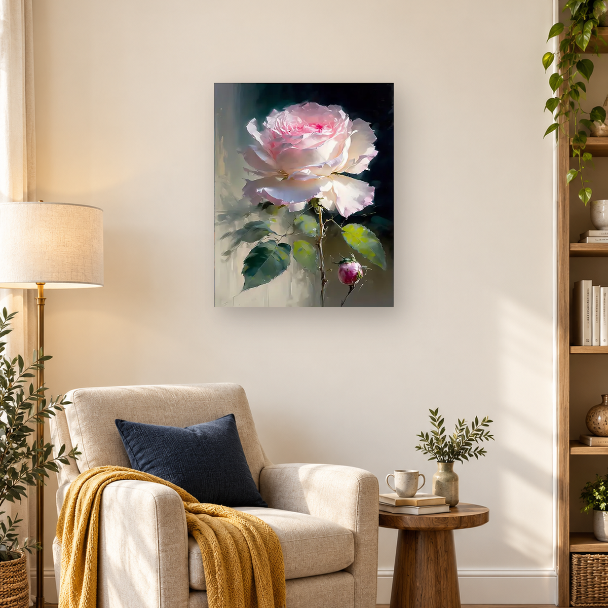 Painterly pale pink rose with green leaves, thorny stem, and a small rosebud on a dark background — 03_lifestyle_hero