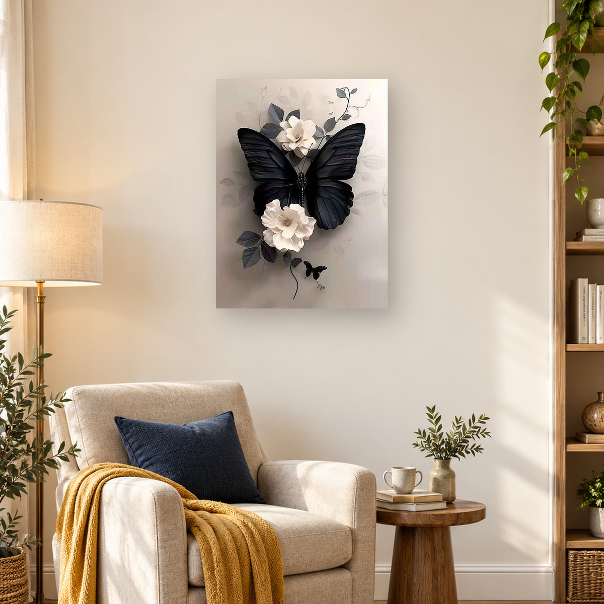 Large black butterfly with white flowers, dark leaves, and a smaller butterfly on a beige background — 03_lifestyle_hero