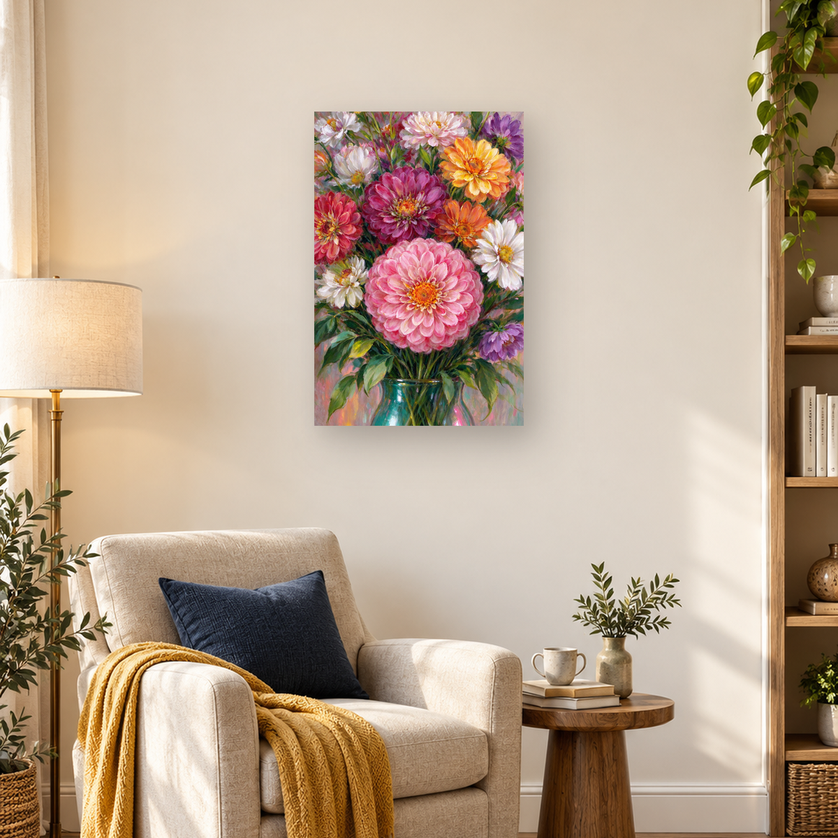 Colorful painterly flower bouquet with pink, orange, purple, and white blooms in a teal glass vase — 03_lifestyle_hero