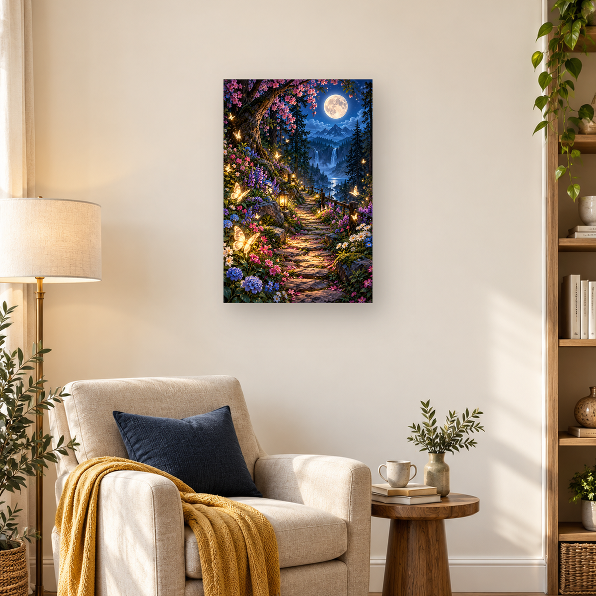 Moonlit flower garden path with glowing butterflies, waterfalls, mountains, and a full moon — 03_lifestyle_hero