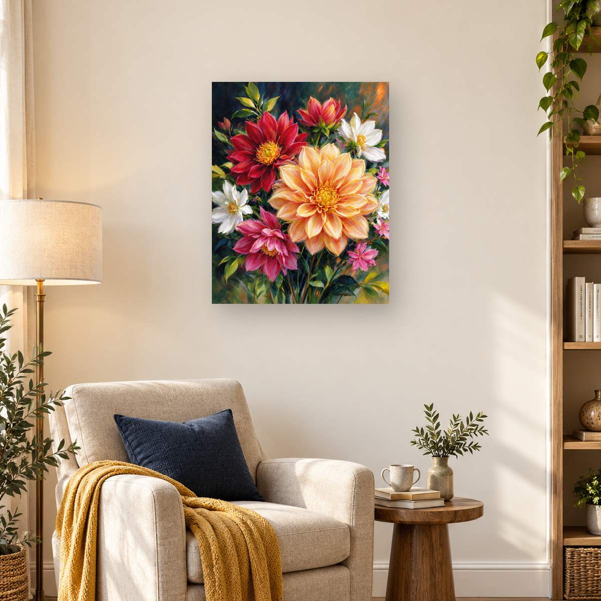Painterly bouquet of red, peach, pink, and white flowers with green leaves against a dark background — 03_lifestyle_hero