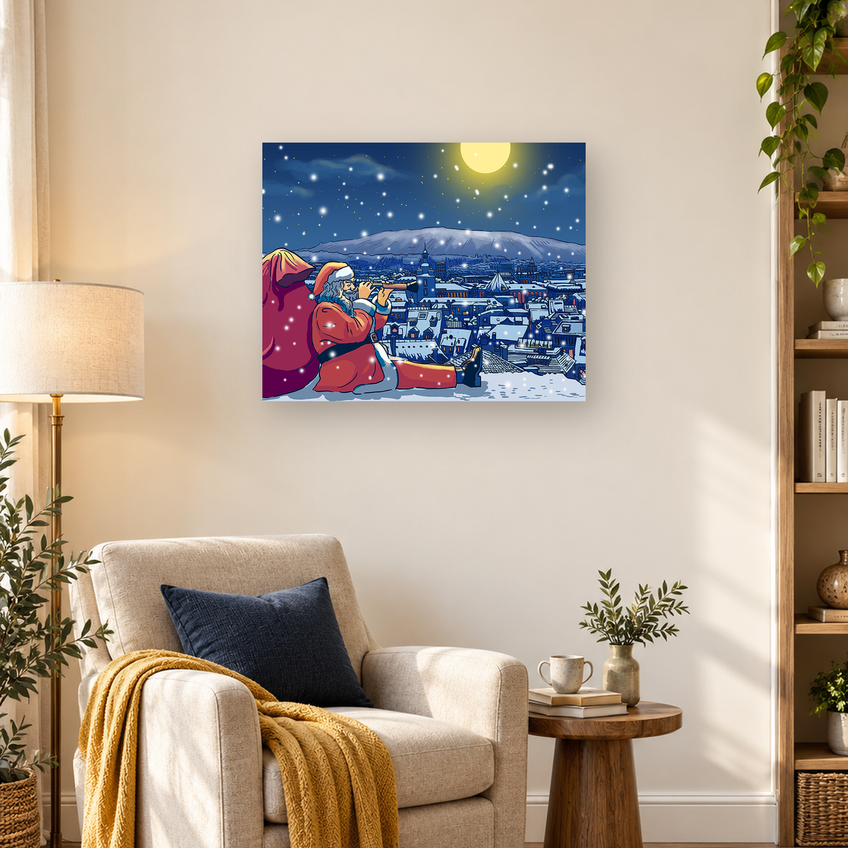 Cartoon Santa uses a telescope above a snowy city beneath a moonlit mountain sky. — 03_lifestyle_hero