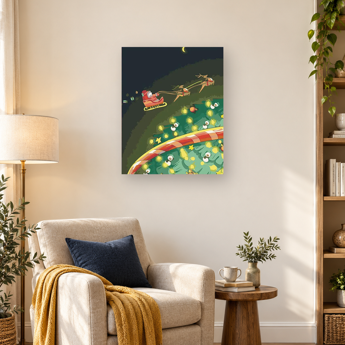 Cartoon Santa in a red sleigh flying with reindeer above a decorated Christmas tree at night — 03_lifestyle_hero
