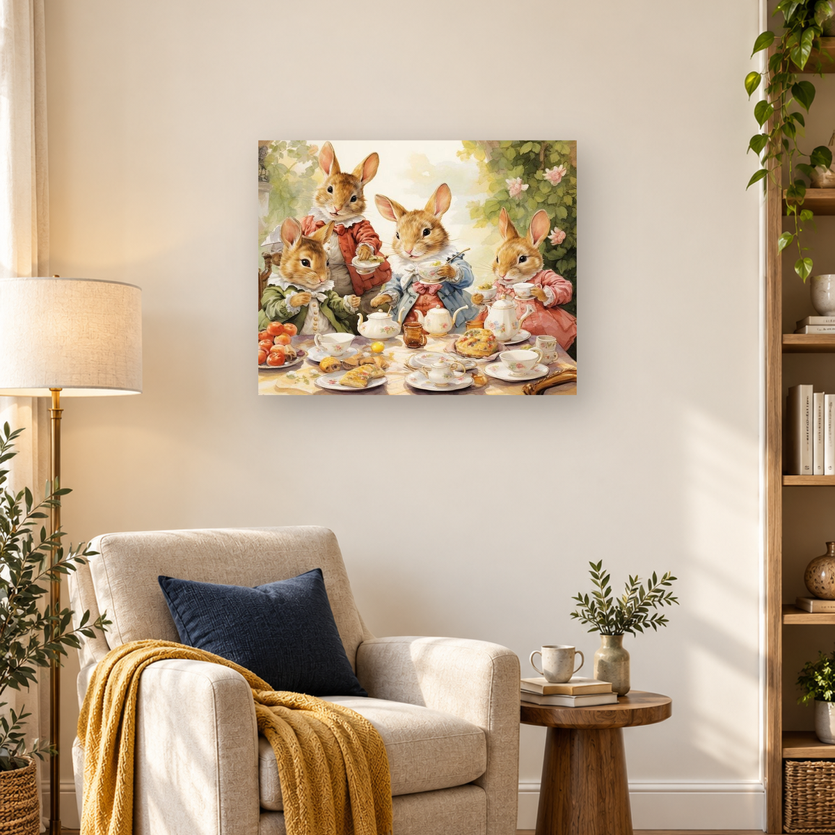 Four dressed rabbits enjoy a garden tea party with teapots, pastries, fruit, and flowers. — 03_lifestyle_hero
