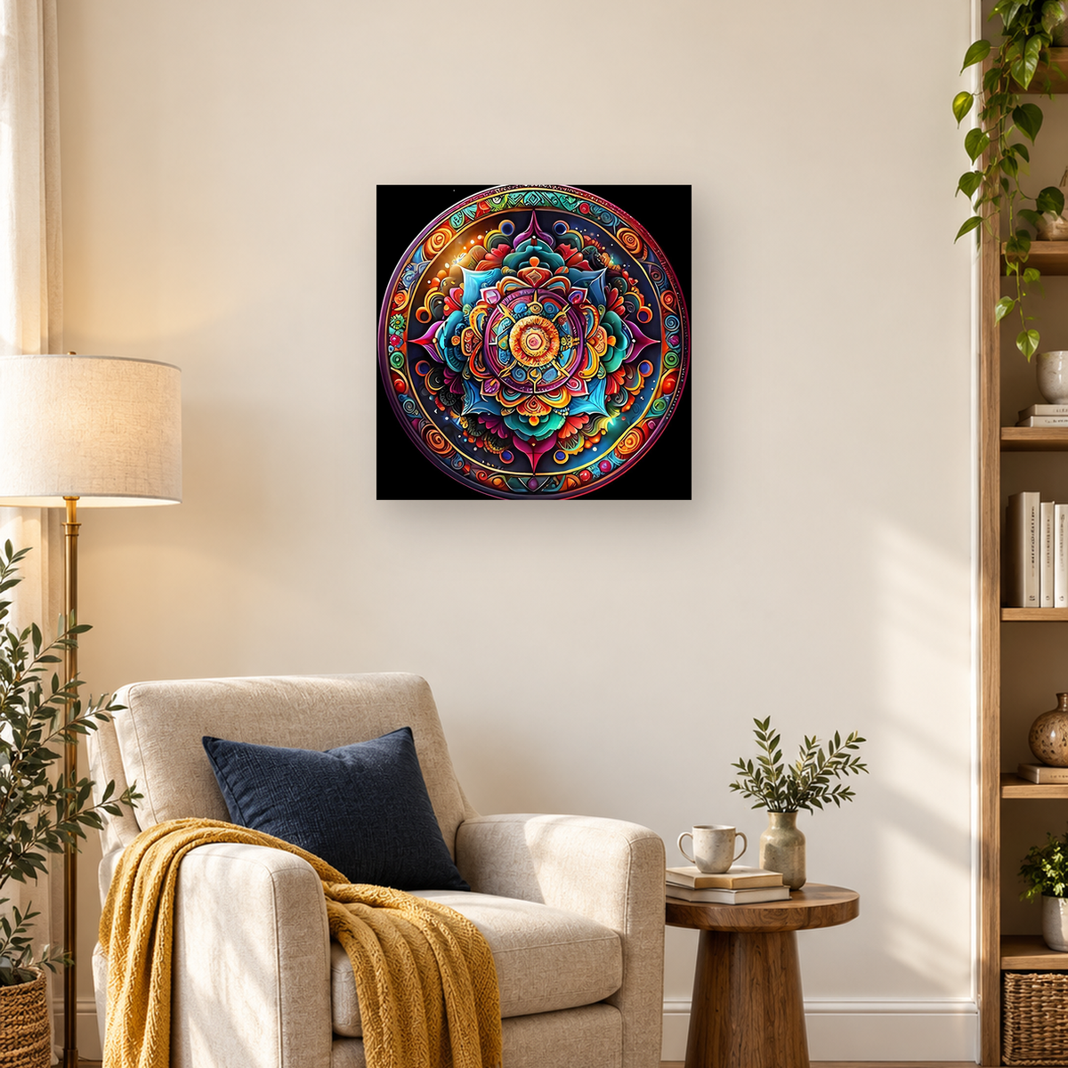 Bright circular floral mandala with colorful petals, spirals, geometric motifs, and concentric borders on black. — 03_lifestyle_hero