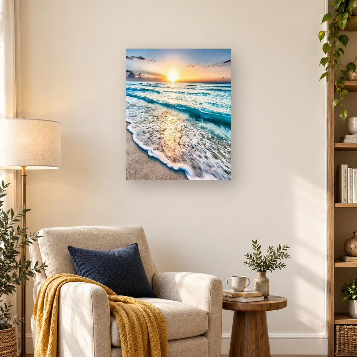 Turquoise waves and white foam wash onto a sandy beach beneath a glowing sunset. — 03_lifestyle_hero