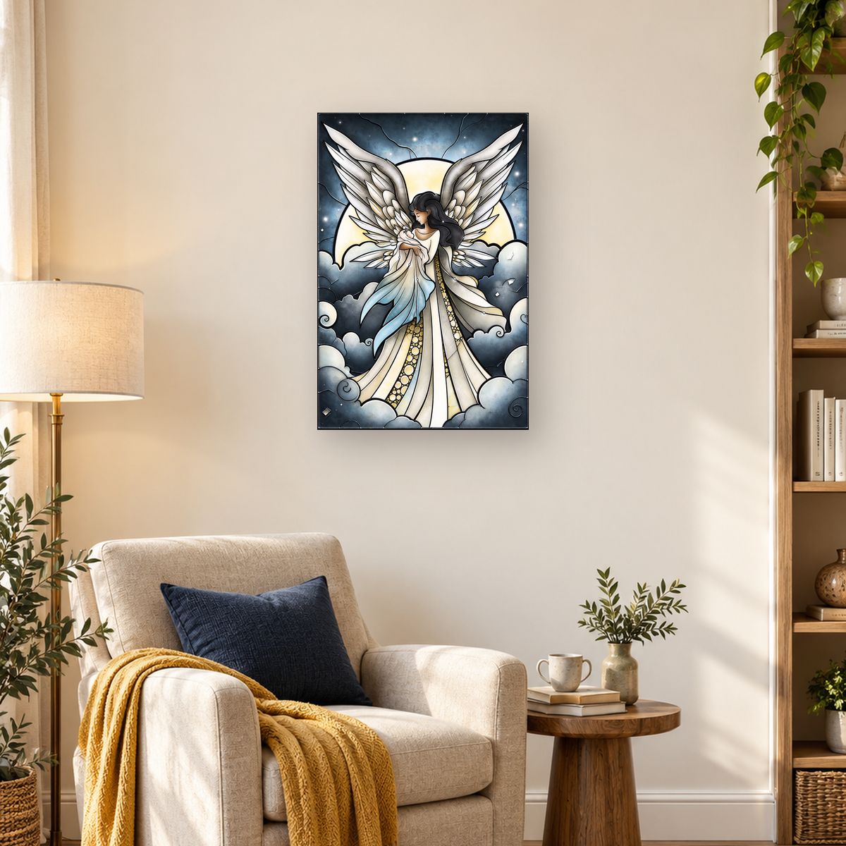 Stained-glass style winged woman holding a baby beneath a moon, surrounded by clouds and stars — 03_lifestyle_hero