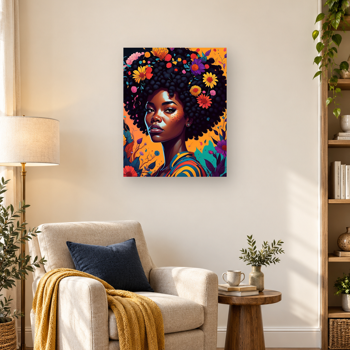 Colorful portrait of a Black woman with flowers woven through her afro against an orange botanical background — 03_lifestyle_hero