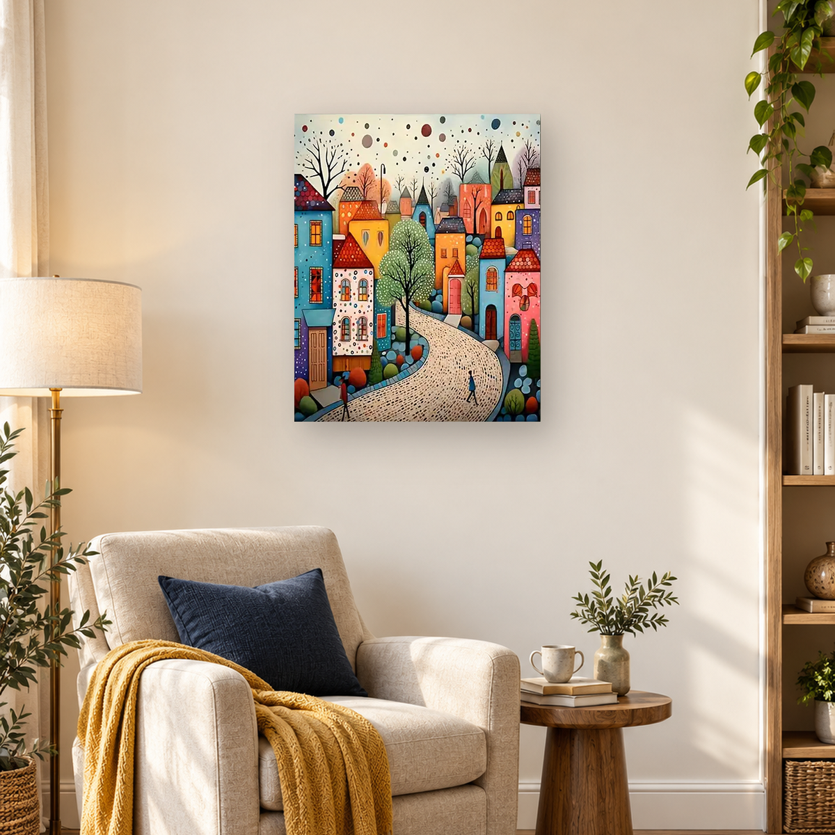 Colorful village buildings and trees frame a winding cobblestone street under a dotted sky. — 03_lifestyle_hero