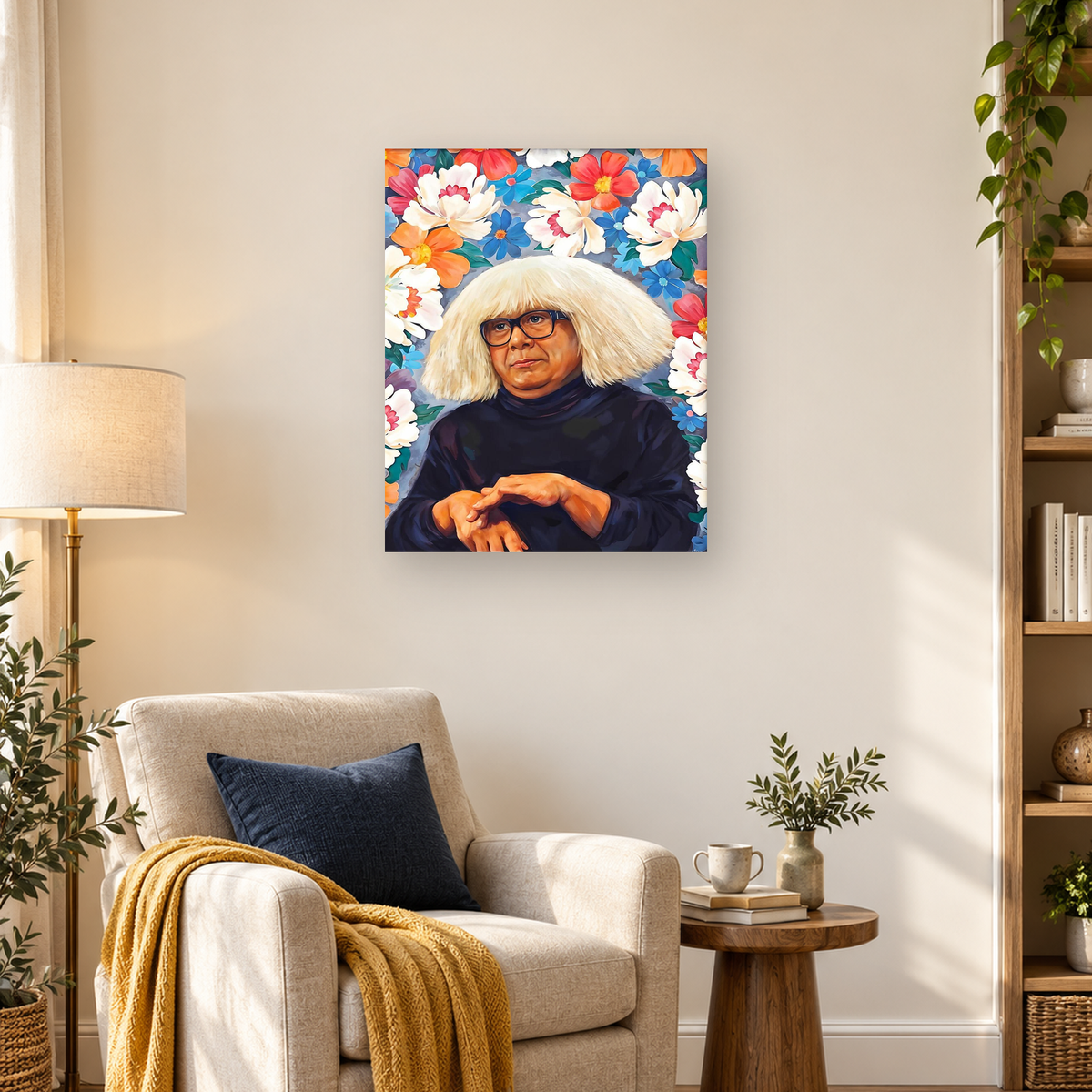 Portrait of a blonde person in dark glasses surrounded by colorful flowers and green leaves — 03_lifestyle_hero