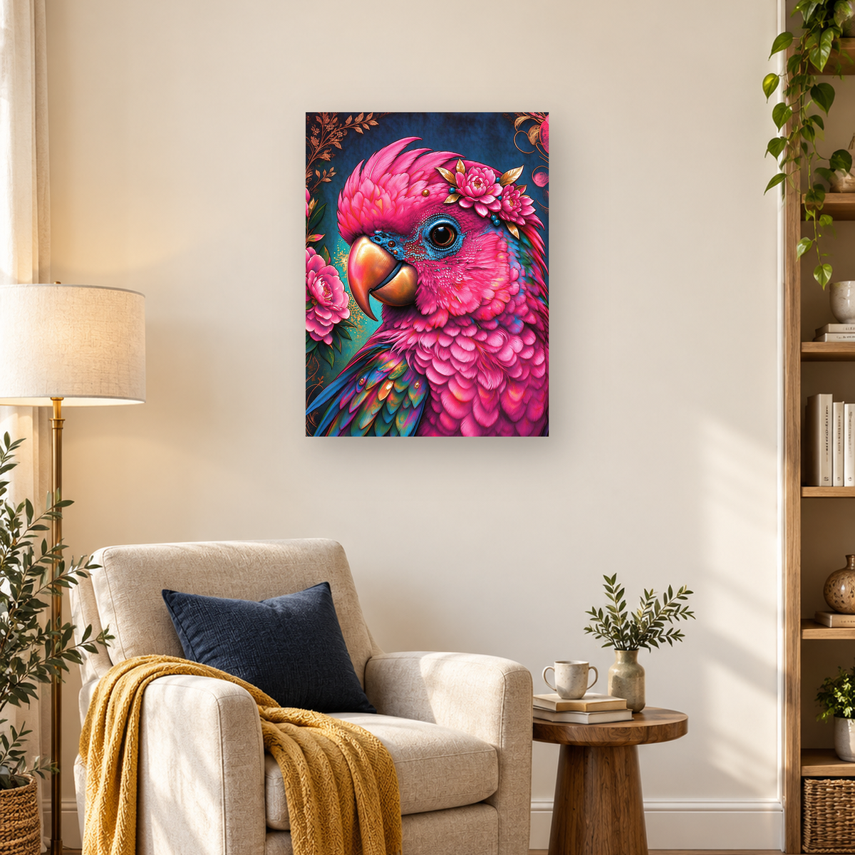 Bright pink parrot with a large beak, blue feathers, pink flowers, and golden foliage — 03_lifestyle_hero