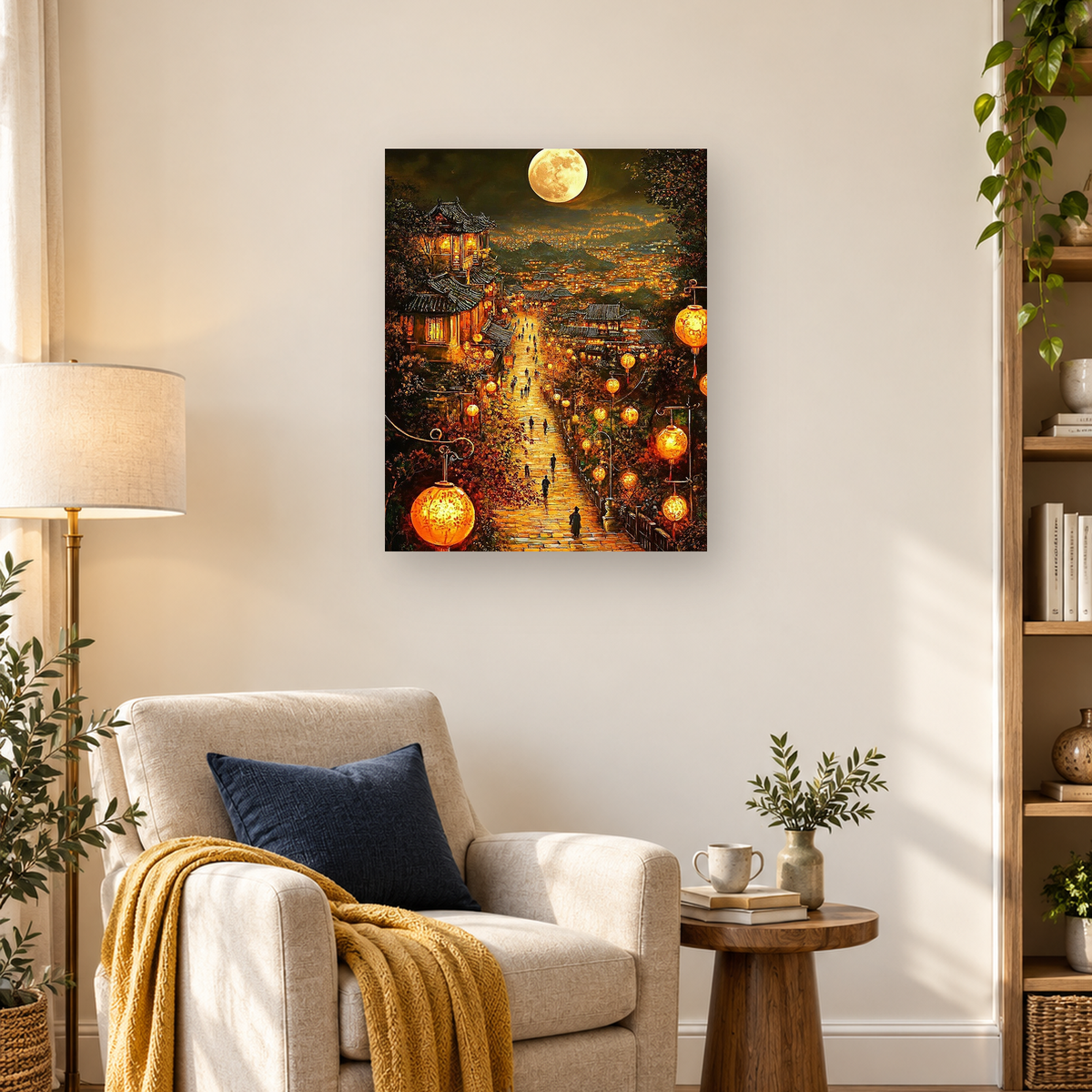 Lantern-lit hillside village with traditional rooftops, a full moon, and a central pathway — 03_lifestyle_hero