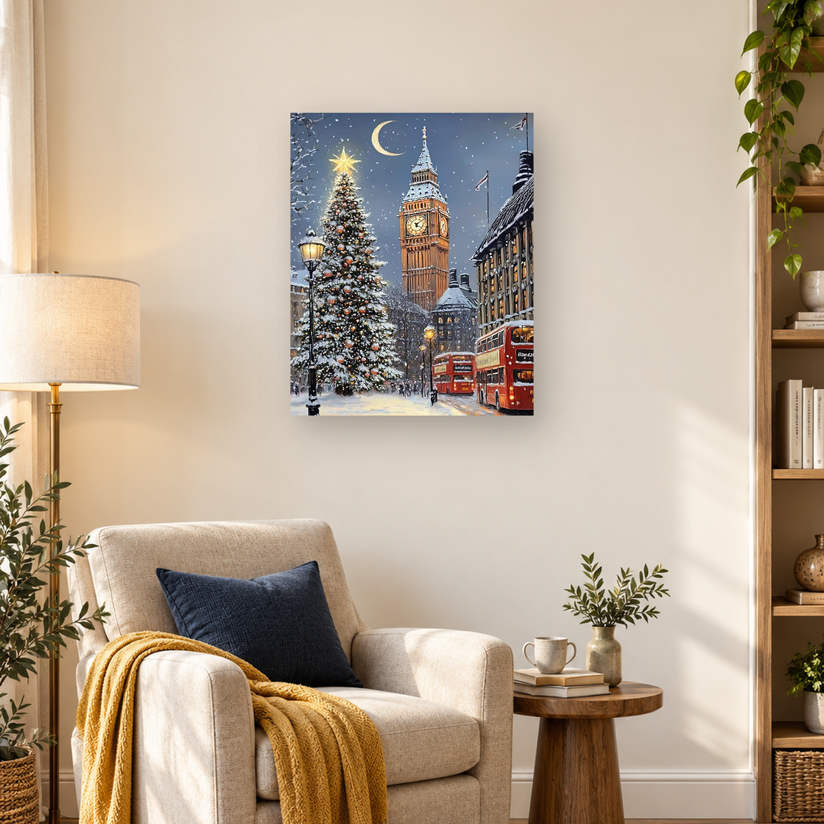 MalaMind Gallery V3 | 03 Lifestyle Hero | CH-260921-085 | Snowy London street with Big Ben, a decorated Christmas tree, red buses, falling snow, and a crescent moon