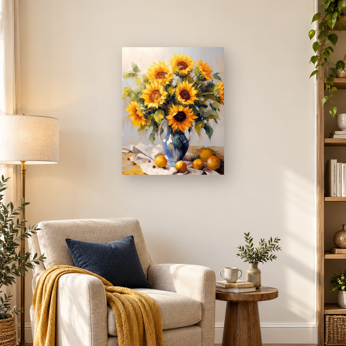 Painterly bouquet of yellow sunflowers in a blue vase surrounded by oranges on a tabletop — 03_lifestyle_hero