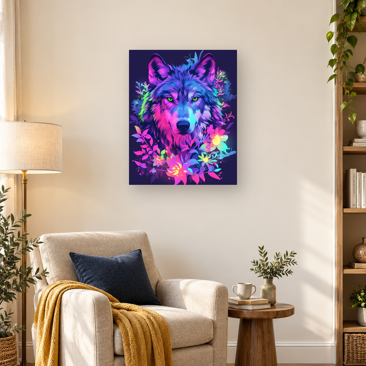 Vivid neon wolf portrait with bright green eyes surrounded by colorful flowers and foliage. — 03_lifestyle_hero