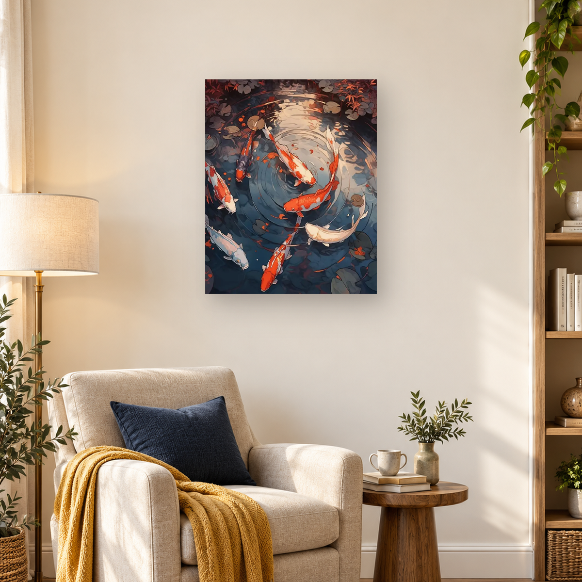 Orange, white, and cream koi circle through dark rippling pond water among lily pads and leaves. — 03_lifestyle_hero